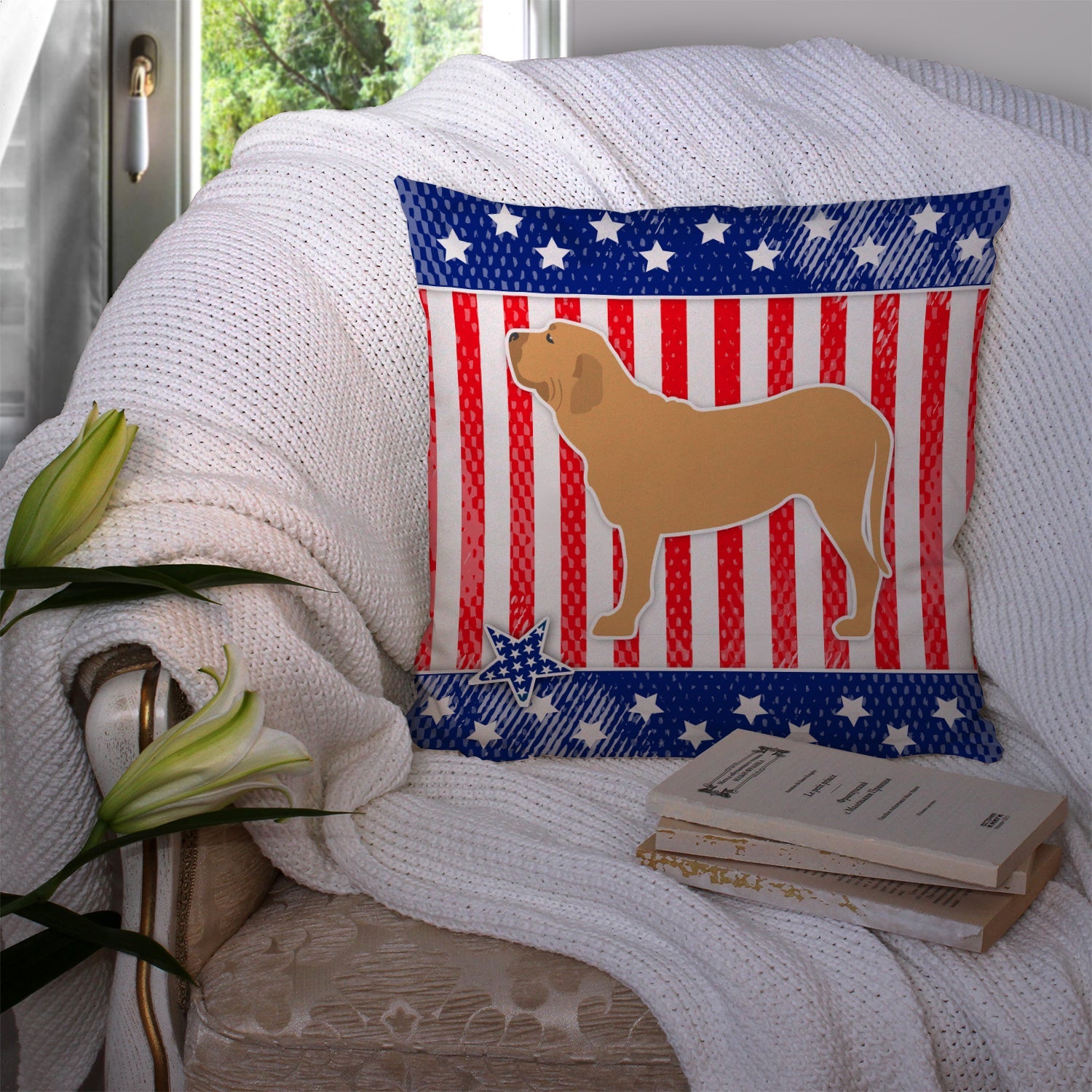 USA Patriotic Fila Brasileiro Decorative Throw Pillow 14x14 Indoor Outdoor Accent Cushion, Fabric Cover with Insert for Sofa, Bed, Porch & Living Room