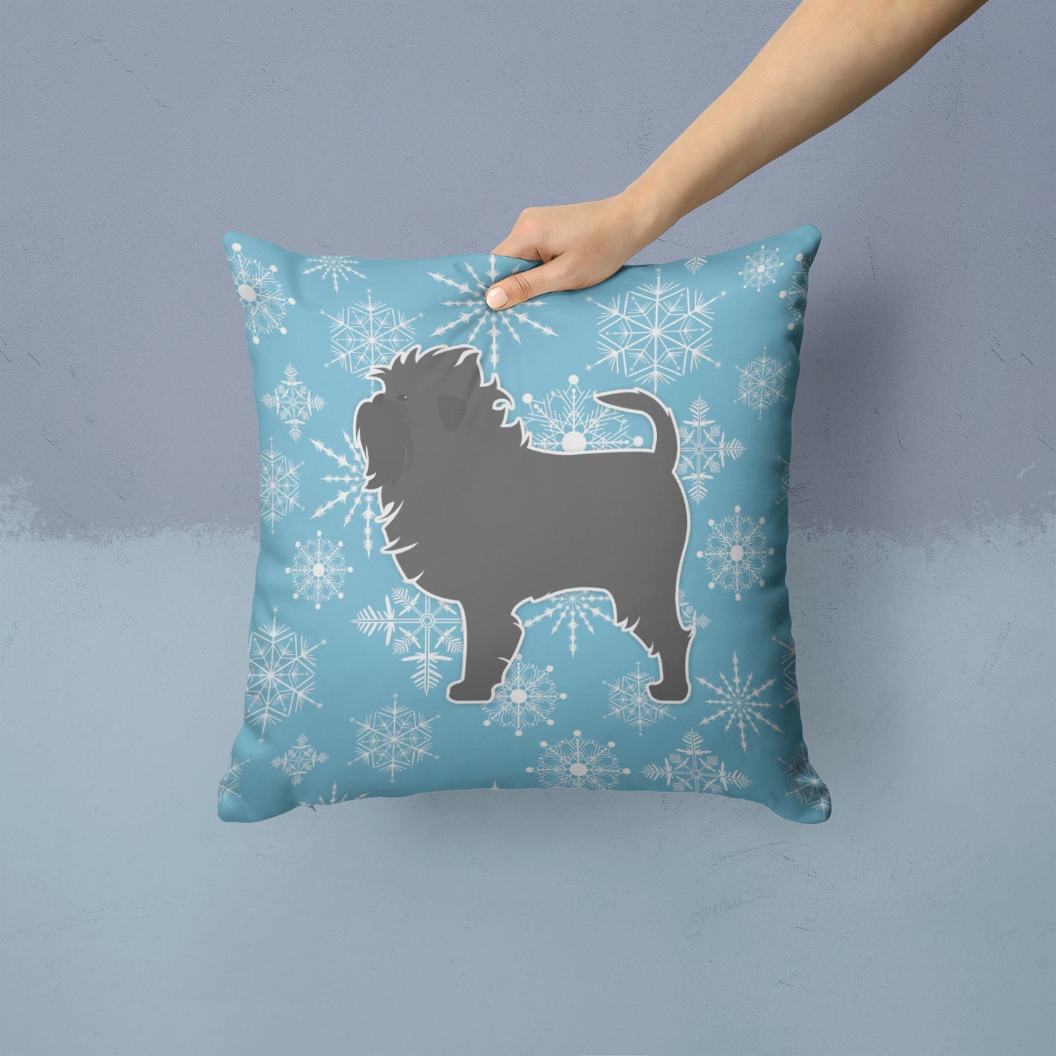 Winter Snowflake Affenpinscher Decorative Throw Pillow 14x14 Indoor Outdoor Accent Cushion, Fabric Cover with Insert for Sofa, Bed, Porch & Living Room