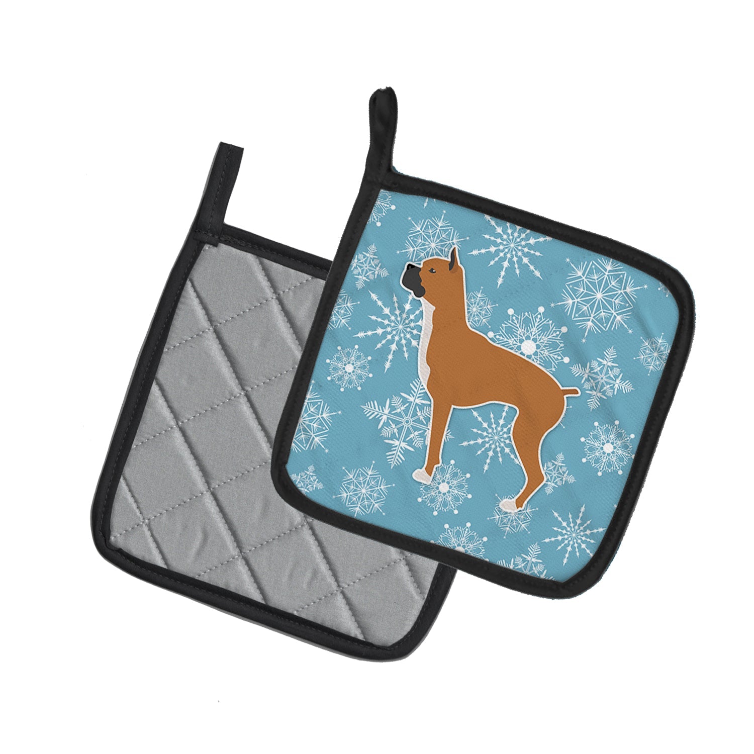 Winter Snowflake Boxer Pot Holder Set of 2 Heat Resistant Quilted Hot Pads 7.5 x 7.5 Inch, Insulated Kitchen Trivets for Cooking & Baking