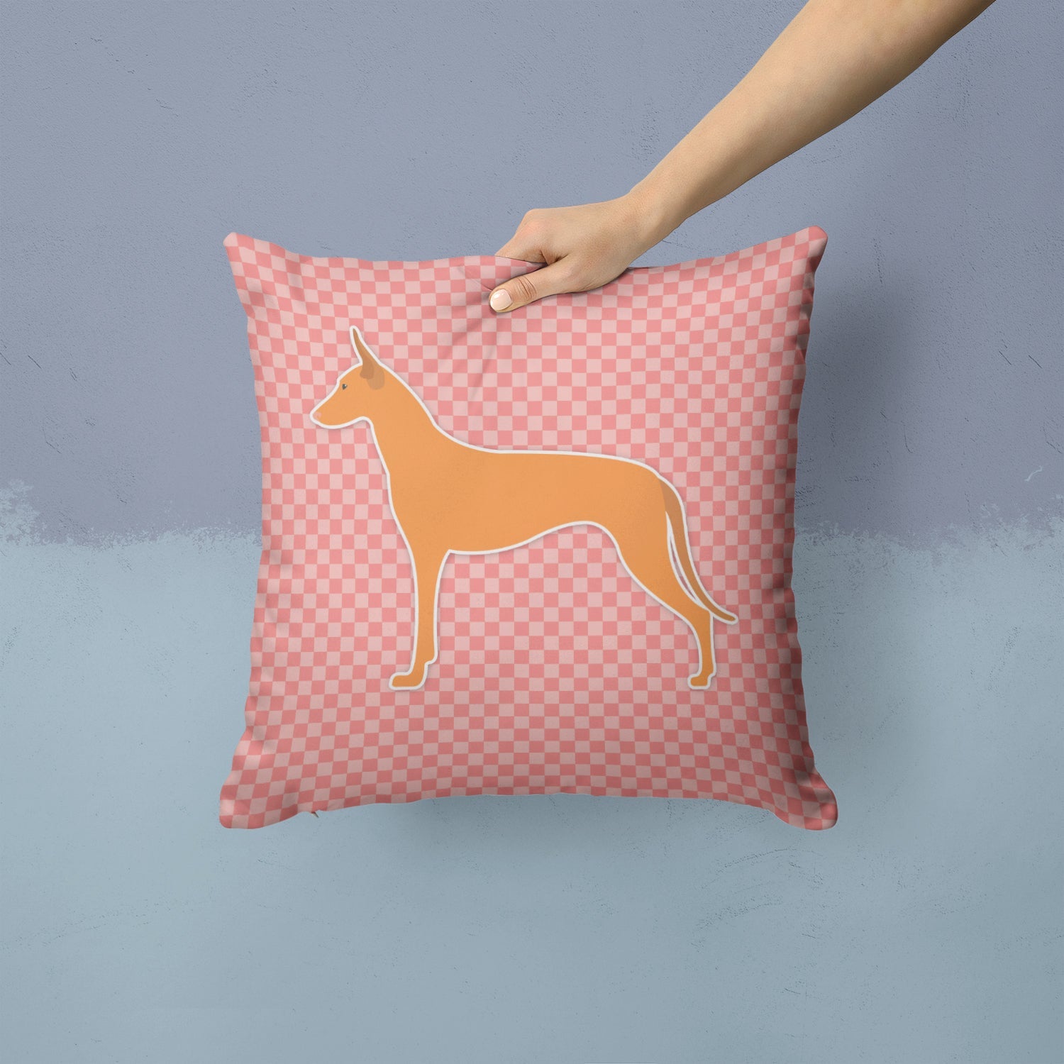 Pharaoh Hound Checkerboard Pink Decorative Throw Pillow 14x14 Indoor Outdoor Accent Cushion, Fabric Cover with Insert for Sofa, Bed, Porch & Living Room