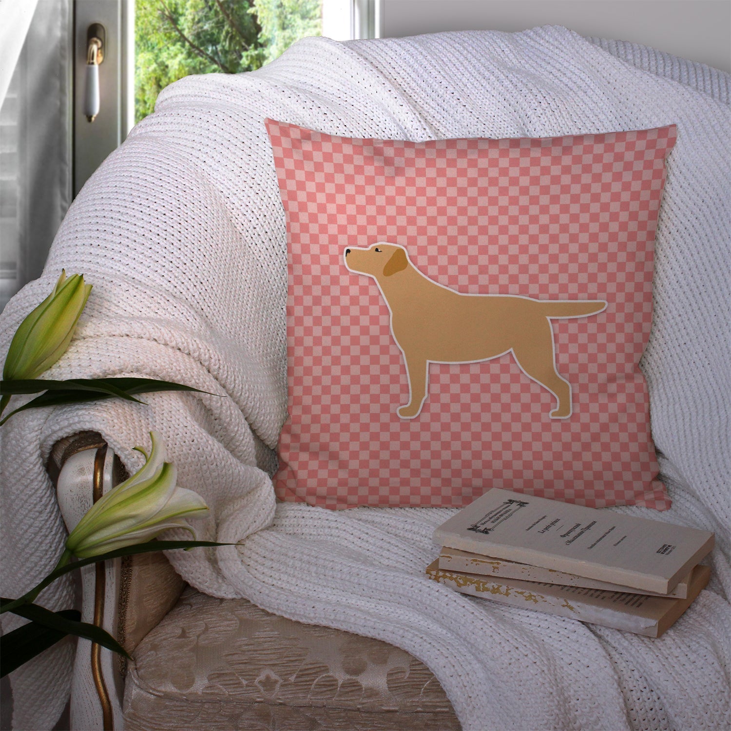 Yellow Labrador Retriever Checkerboard Pink Decorative Throw Pillow 14x14 Indoor Outdoor Accent Cushion, Fabric Cover with Insert for Sofa, Bed, Porch & Living Room