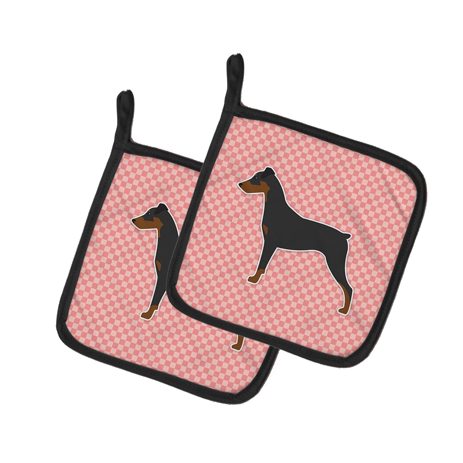 German Pinscher Checkerboard Pink Pot Holder Set of 2 Heat Resistant Quilted Hot Pads 7.5 x 7.5 Inch, Insulated Kitchen Trivets for Cooking & Baking