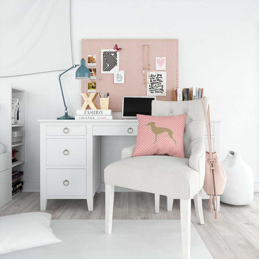 Italian Greyhound Checkerboard Pink Decorative Throw Pillow 14x14 Indoor Outdoor Accent Cushion, Fabric Cover with Insert for Sofa, Bed, Porch & Living Room