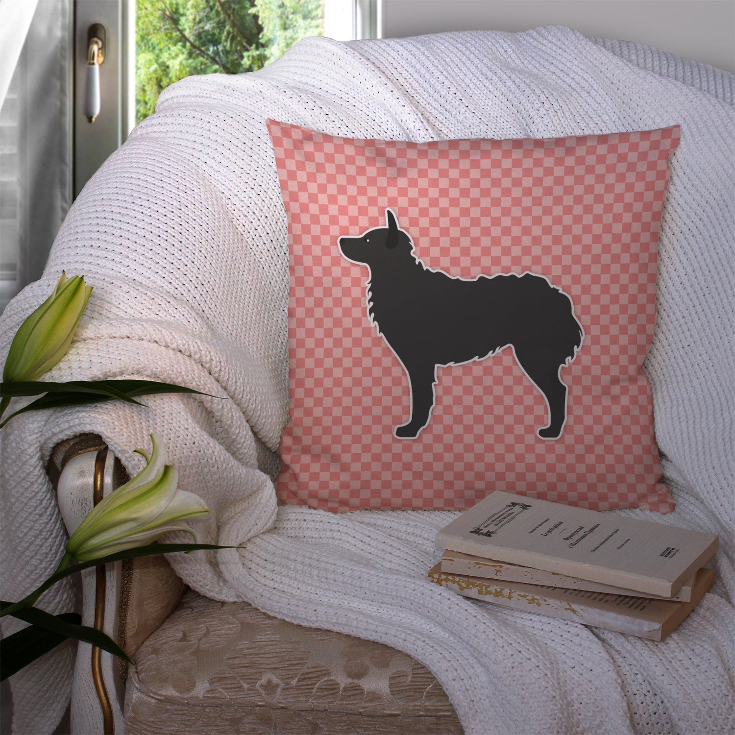 Croatian Sheepdog Checkerboard Pink Decorative Throw Pillow 14x14 Indoor Outdoor Accent Cushion, Fabric Cover with Insert for Sofa, Bed, Porch & Living Room