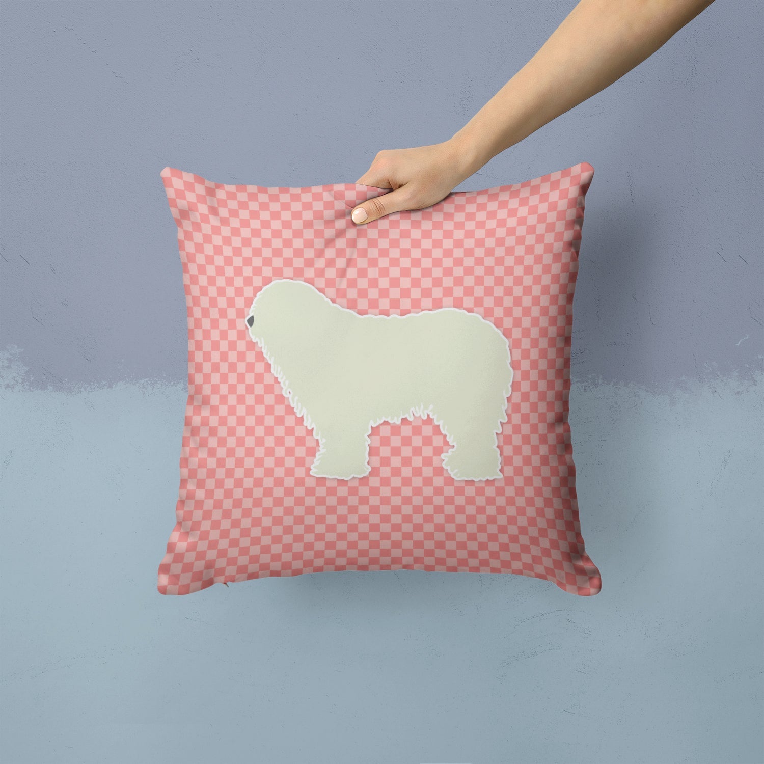 Komondor Checkerboard Pink Decorative Throw Pillow 14x14 Indoor Outdoor Accent Cushion, Fabric Cover with Insert for Sofa, Bed, Porch & Living Room