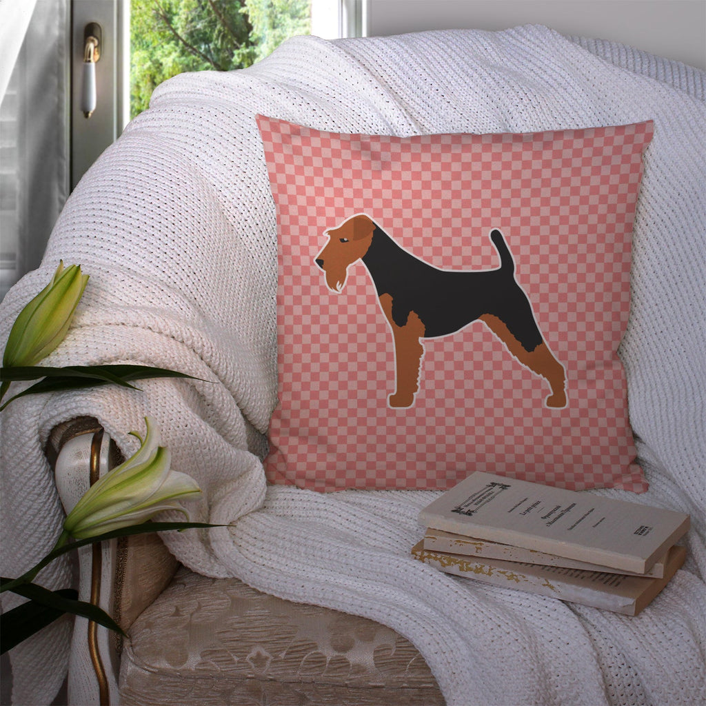 Airedale Terrier Checkerboard Pink Decorative Throw Pillow 14x14 Indoor Outdoor Accent Cushion, Fabric Cover with Insert for Sofa, Bed, Porch & Living Room