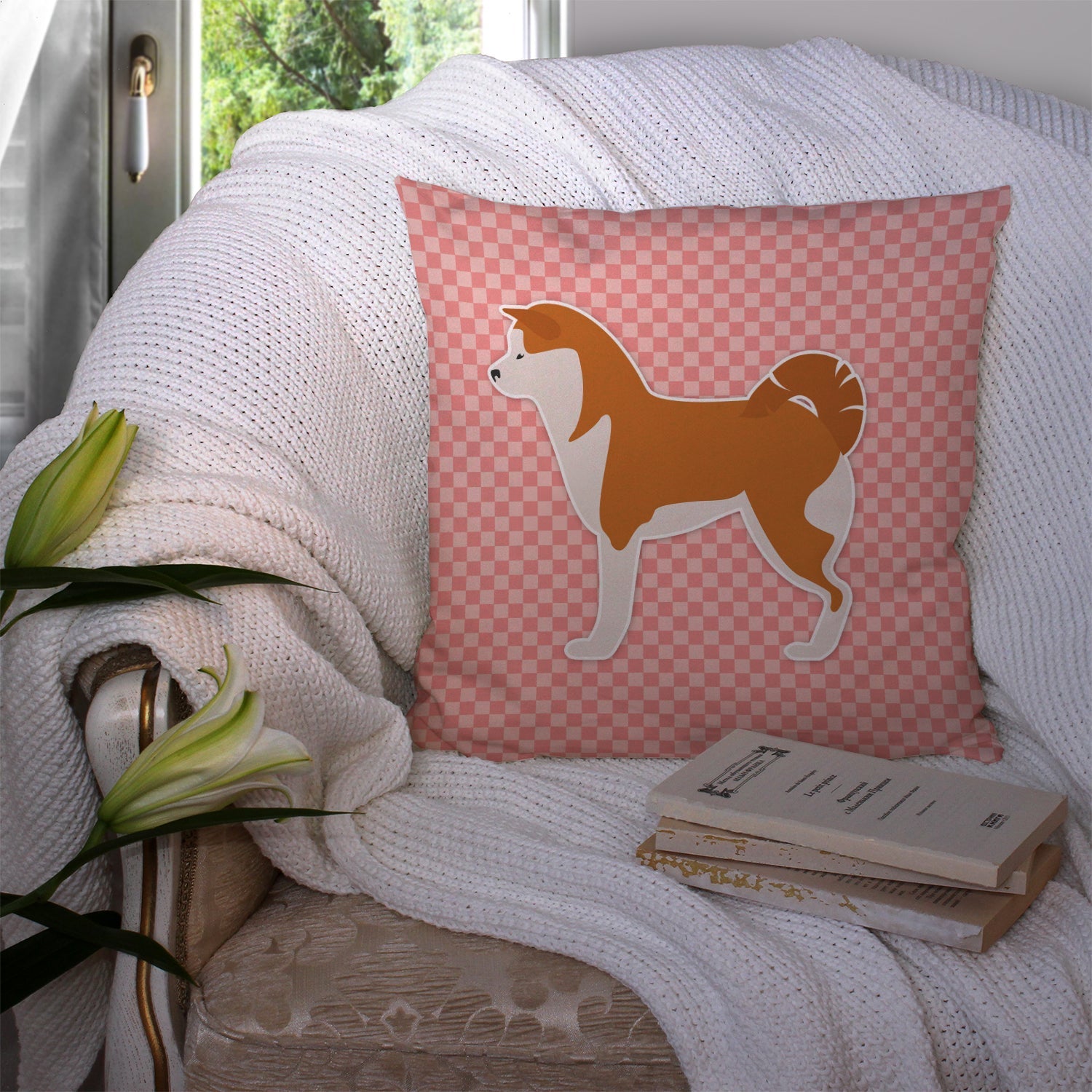 Akita Checkerboard Pink Decorative Throw Pillow 14x14 Indoor Outdoor Accent Cushion, Fabric Cover with Insert for Sofa, Bed, Porch & Living Room