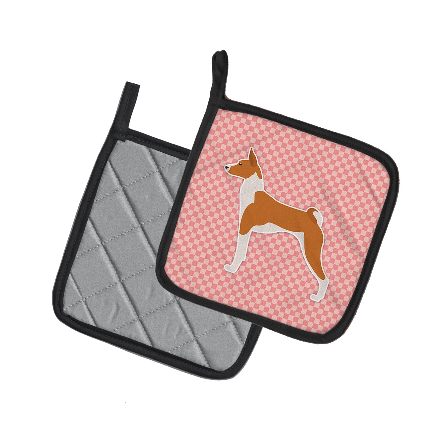 Basenji Checkerboard Pink Pot Holder Set of 2 Heat Resistant Quilted Hot Pads 7.5 x 7.5 Inch, Insulated Kitchen Trivets for Cooking & Baking