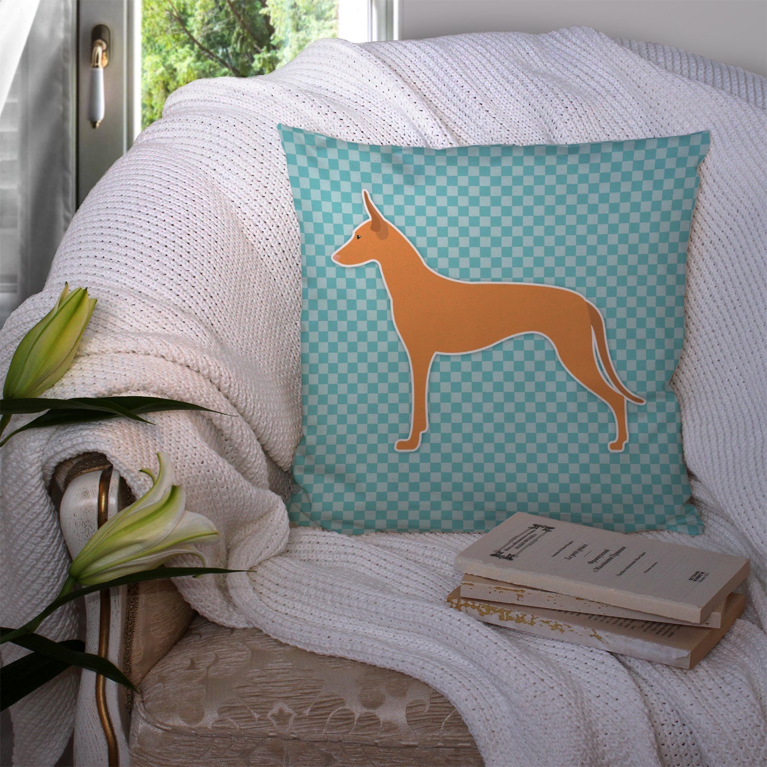 Pharaoh Hound  Checkerboard Blue Decorative Throw Pillow 14x14 Indoor Outdoor Accent Cushion, Fabric Cover with Insert for Sofa, Bed, Porch & Living Room