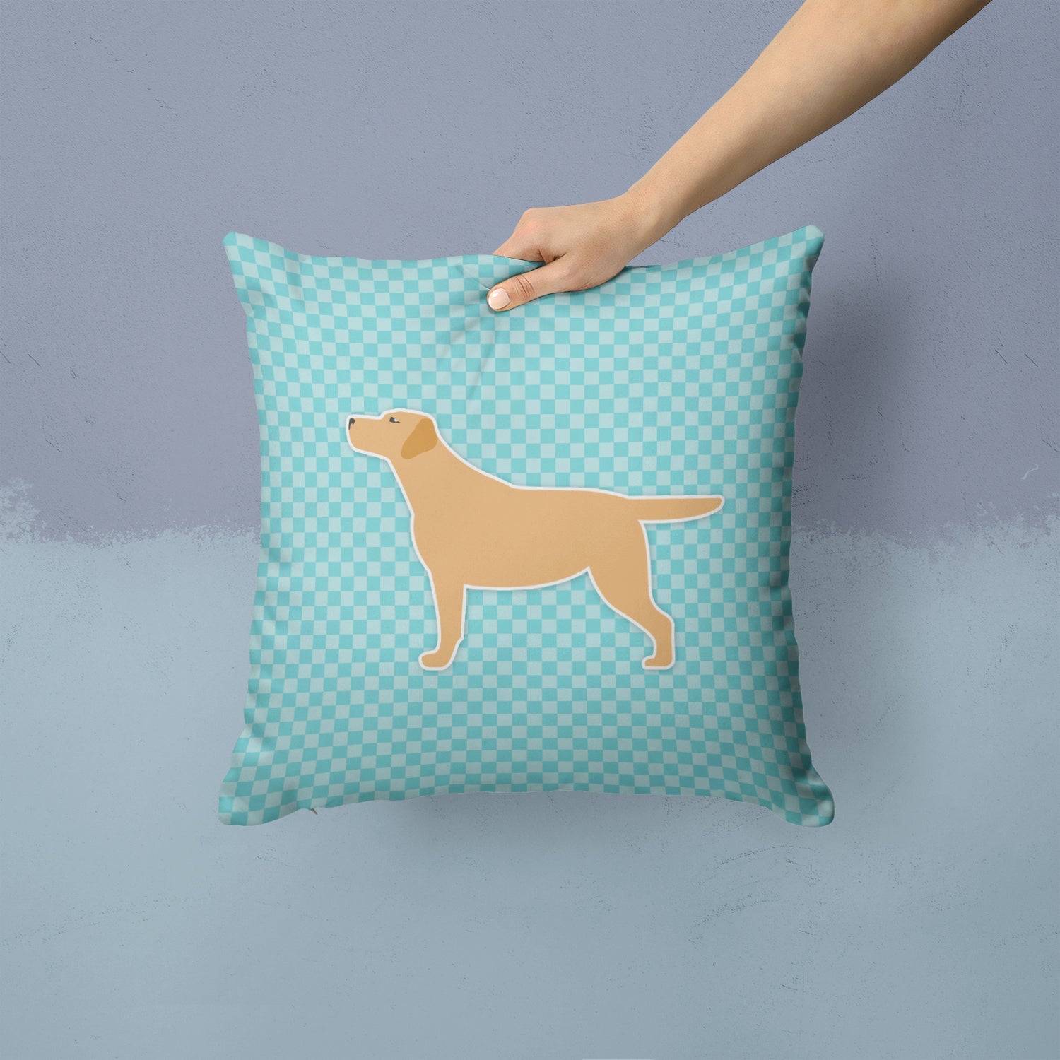 Yellow Labrador Retriever  Checkerboard Blue Decorative Throw Pillow 14x14 Indoor Outdoor Accent Cushion, Fabric Cover with Insert for Sofa, Bed, Porch & Living Room