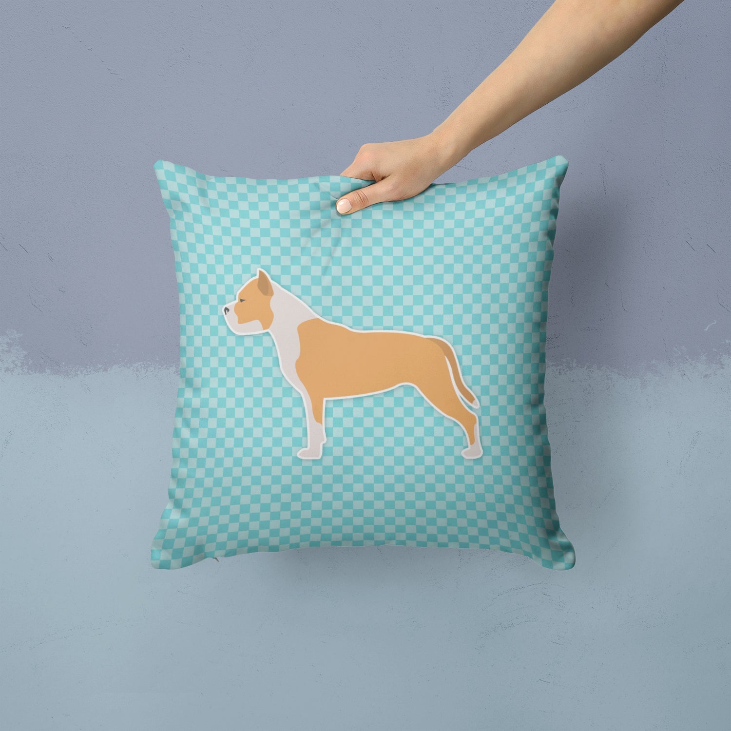 Staffordshire Bull Terrier Checkerboard Blue Decorative Throw Pillow 14x14 Indoor Outdoor Accent Cushion, Fabric Cover with Insert for Sofa, Bed, Porch & Living Room