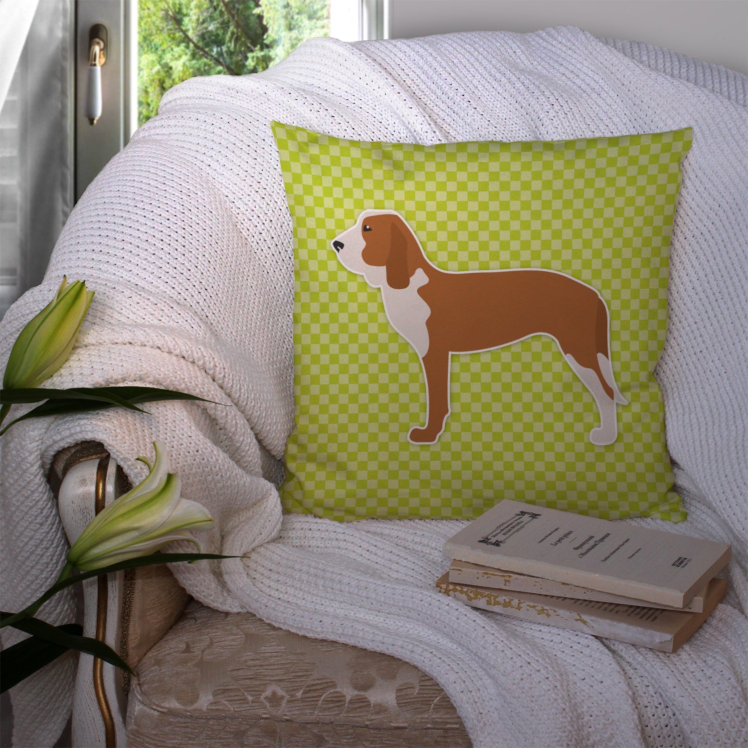 Spanish Hound Checkerboard Green Decorative Throw Pillow 14x14 Indoor Outdoor Accent Cushion, Fabric Cover with Insert for Sofa, Bed, Porch & Living Room