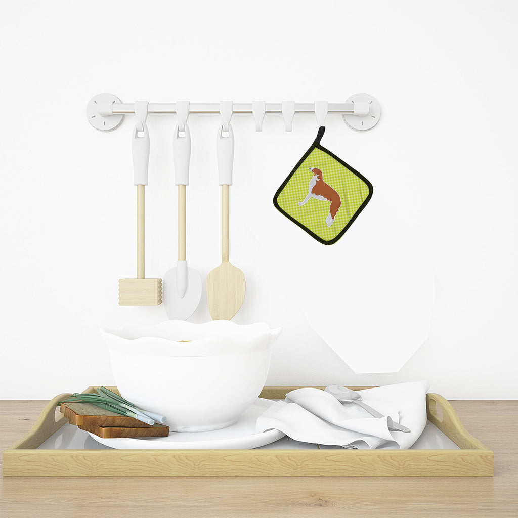 Borzoi Russian Greyhound Checkerboard Green Pot Holder Set of 2 Heat Resistant Quilted Hot Pads 7.5 x 7.5 Inch, Insulated Kitchen Trivets for Cooking & Baking