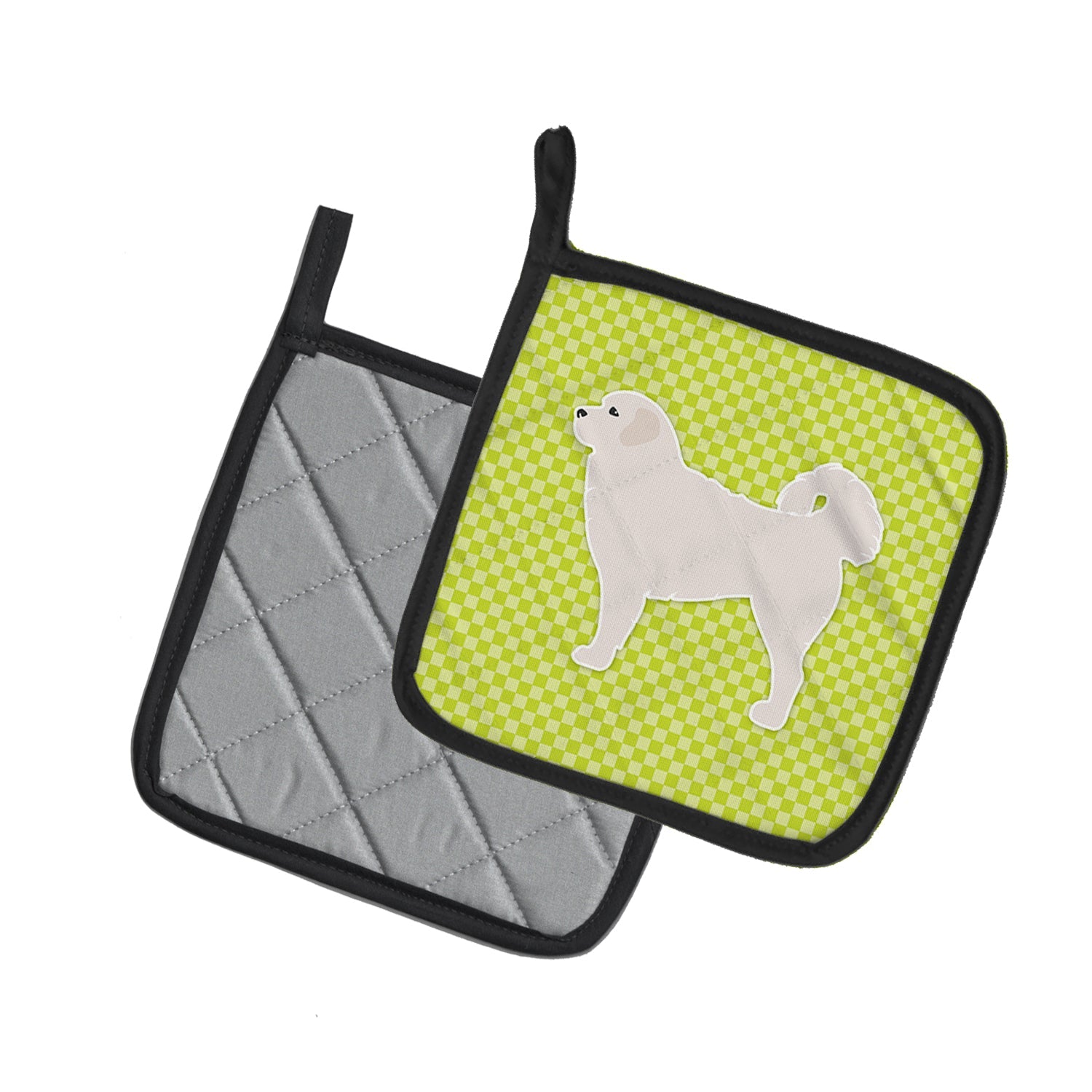 Polish Tatra Sheepdog Checkerboard Green Pot Holder Set of 2 Heat Resistant Quilted Hot Pads 7.5 x 7.5 Inch, Insulated Kitchen Trivets for Cooking & Baking