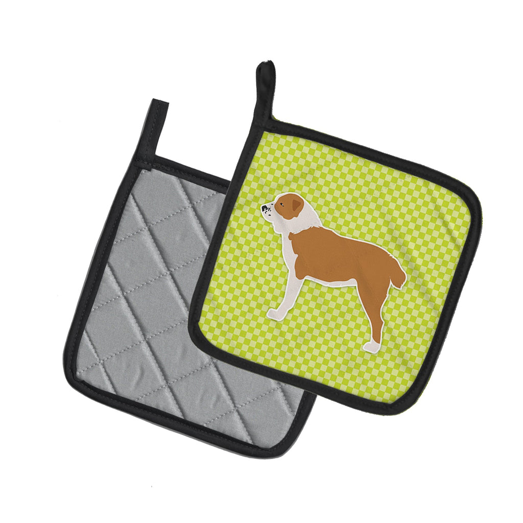 Central Asian Shepherd Dog Checkerboard Green Pot Holder Set of 2 Heat Resistant Quilted Hot Pads 7.5 x 7.5 Inch, Insulated Kitchen Trivets for Cooking & Baking