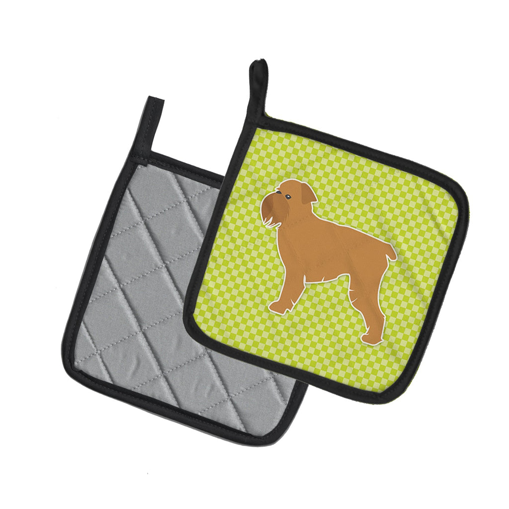 Brussels Griffon Checkerboard Green Pot Holder Set of 2 Heat Resistant Quilted Hot Pads 7.5 x 7.5 Inch, Insulated Kitchen Trivets for Cooking & Baking