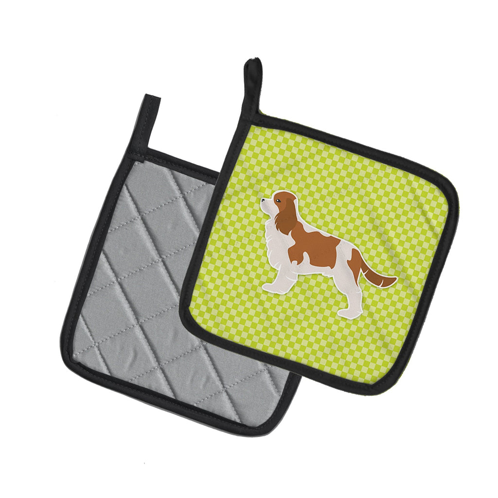 Cavalier King Charles Spaniel Checkerboard Green Pot Holder Set of 2 Heat Resistant Quilted Hot Pads 7.5 x 7.5 Inch, Insulated Kitchen Trivets for Cooking & Baking