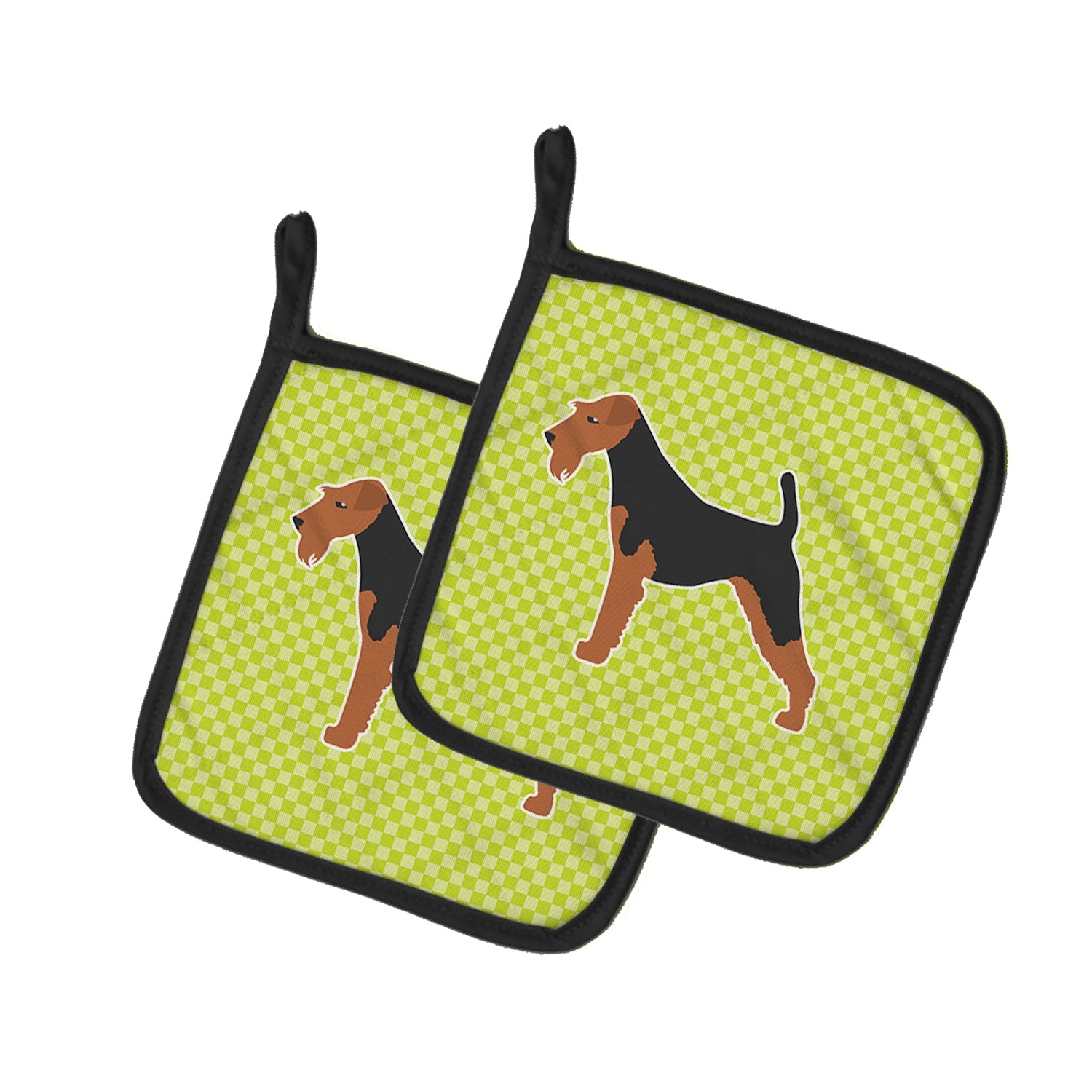 Airedale Terrier Checkerboard Green Pot Holder Set of 2 Heat Resistant Quilted Hot Pads 7.5 x 7.5 Inch, Insulated Kitchen Trivets for Cooking & Baking