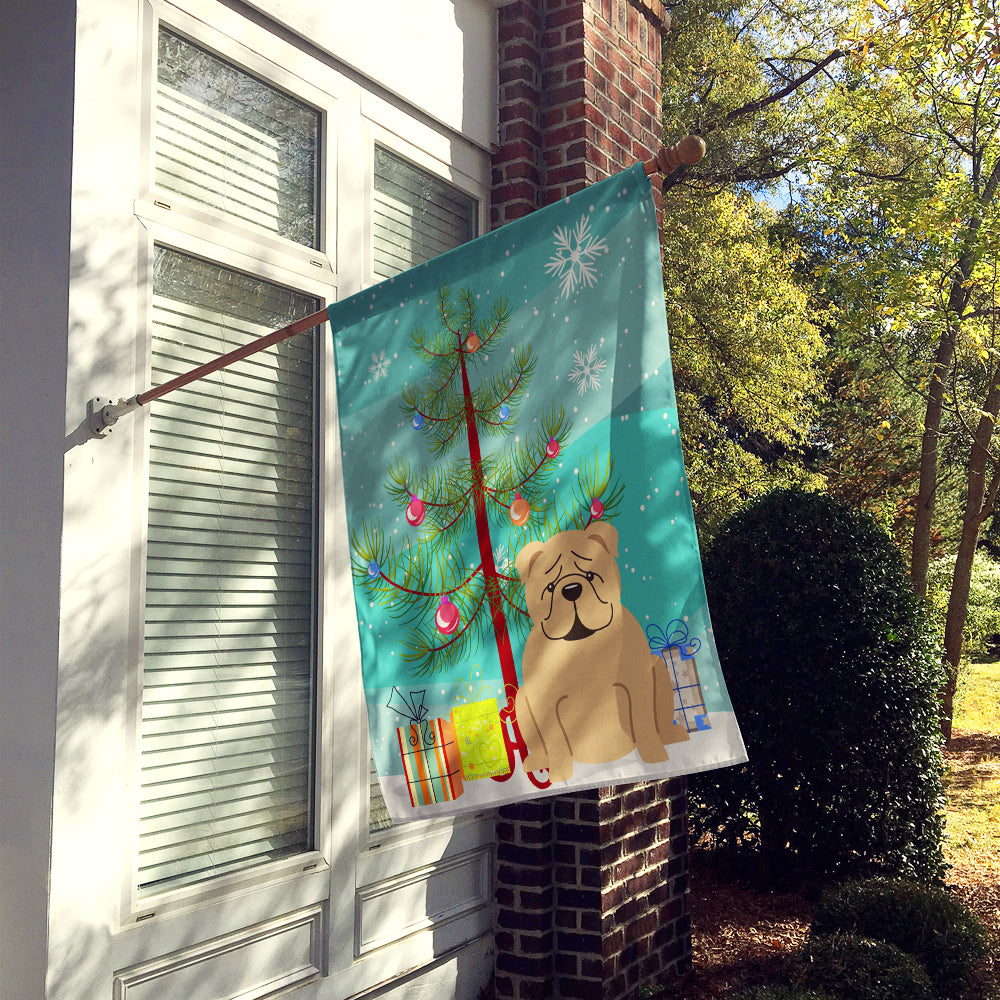 Merry Christmas Tree English Bulldog Fawn House Flag 28x40 Porch Sleeve Pole Decorative Outside Yard Banner Artwork Wall Hanging, Polyester
