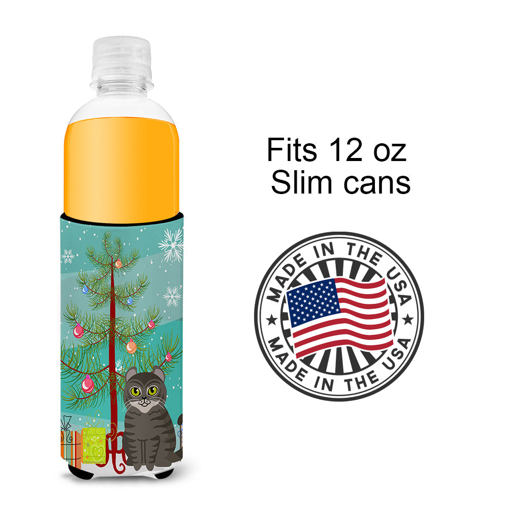 American Curl Cat Merry Christmas Tree Slim Can Hugger , Insulated Foam Hugger for 12 oz Slim Cans, Beer Bottles & Water Bottles, Printed in USA