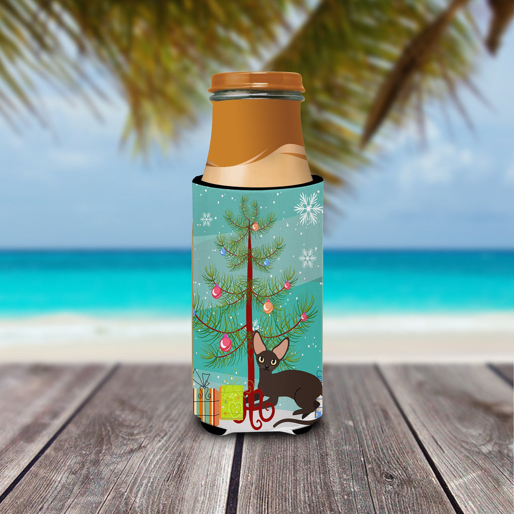 Peterbald Cat Merry Christmas Tree Slim Can Hugger , Insulated Foam Hugger for 12 oz Slim Cans, Beer Bottles & Water Bottles, Printed in USA