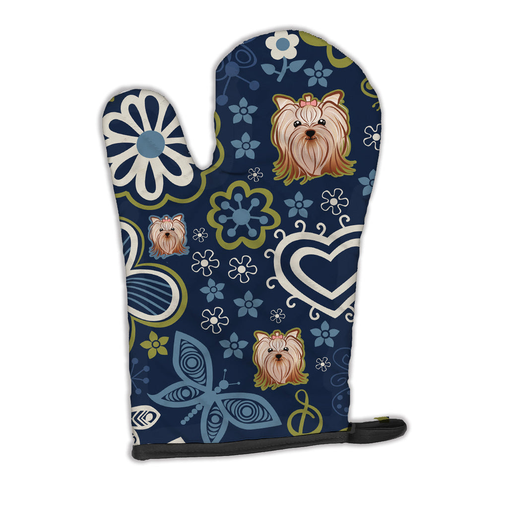 Blue Flowers Yorkie Yorkishire Terrier Oven Mitt Heat Resistant Thick Oven Mitt for Hot Pans and Oven, Kitchen Mitt Protect Hands, Cooking Baking Glove