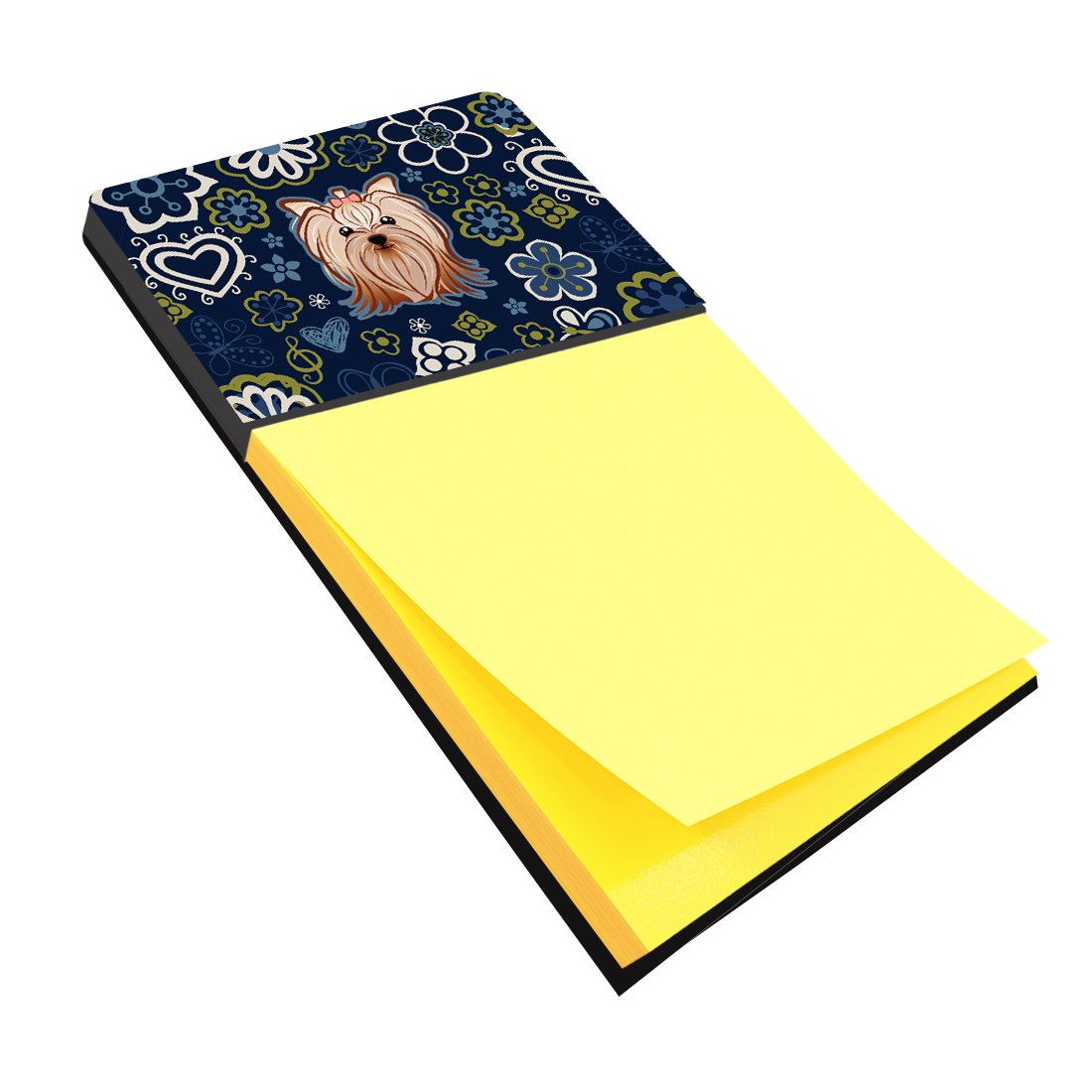 Blue Flowers Yorkie Yorkishire Terrier Watercolor Sticky Note Holder Refillable Dispenser Desk Accessory 3x3 Pad Gift