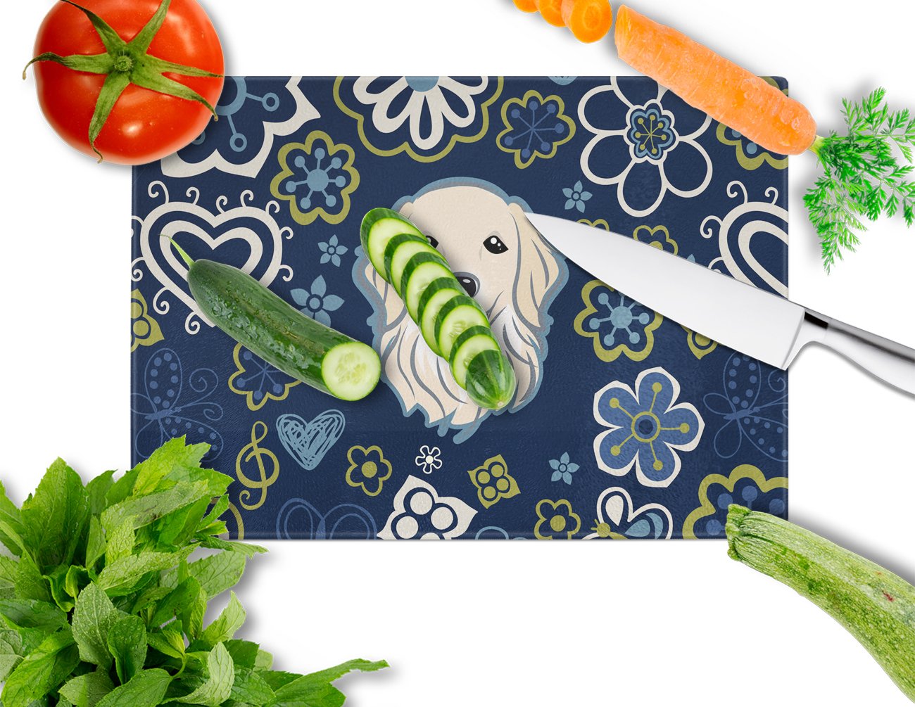 Blue Flowers Golden Retriever Cutting Board Tempered Glass Kitchen Cutting Surface, Heat Resistant Chopping, Non-Slip Feet, Food Prep & Serving