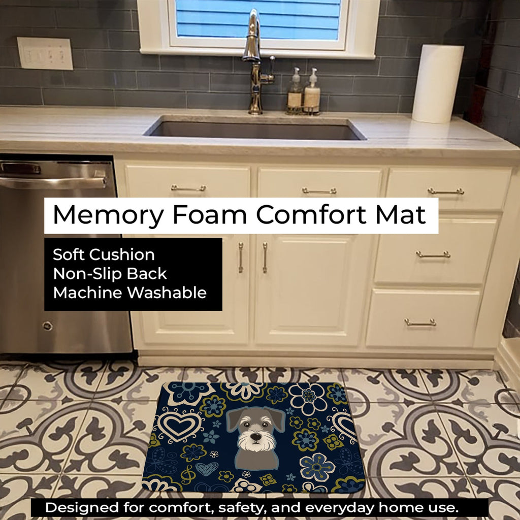 Blue Flowers Schnauzer Memory Foam Kitchen Mat Machine Washable Anti-Fatigue Cushion Comfort Bath or Kitchen Rug