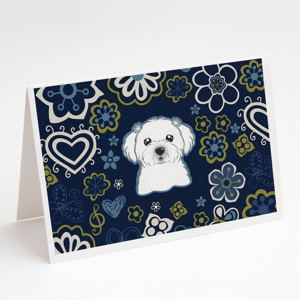 Blue Flowers Maltese Greeting Cards Pack of 8 Blank Cards with Envelopes Whimsical A7 Size 5x7