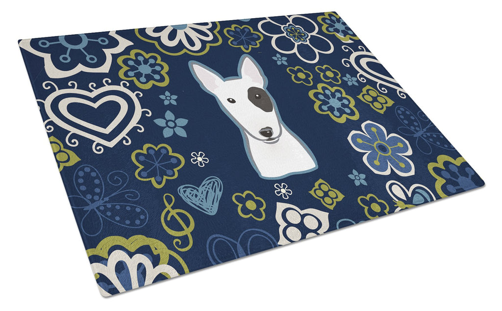 Blue Flowers Bull Terrier Cutting Board Tempered Glass Kitchen Cutting Surface, Heat Resistant Chopping, Non-Slip Feet, Food Prep & Serving