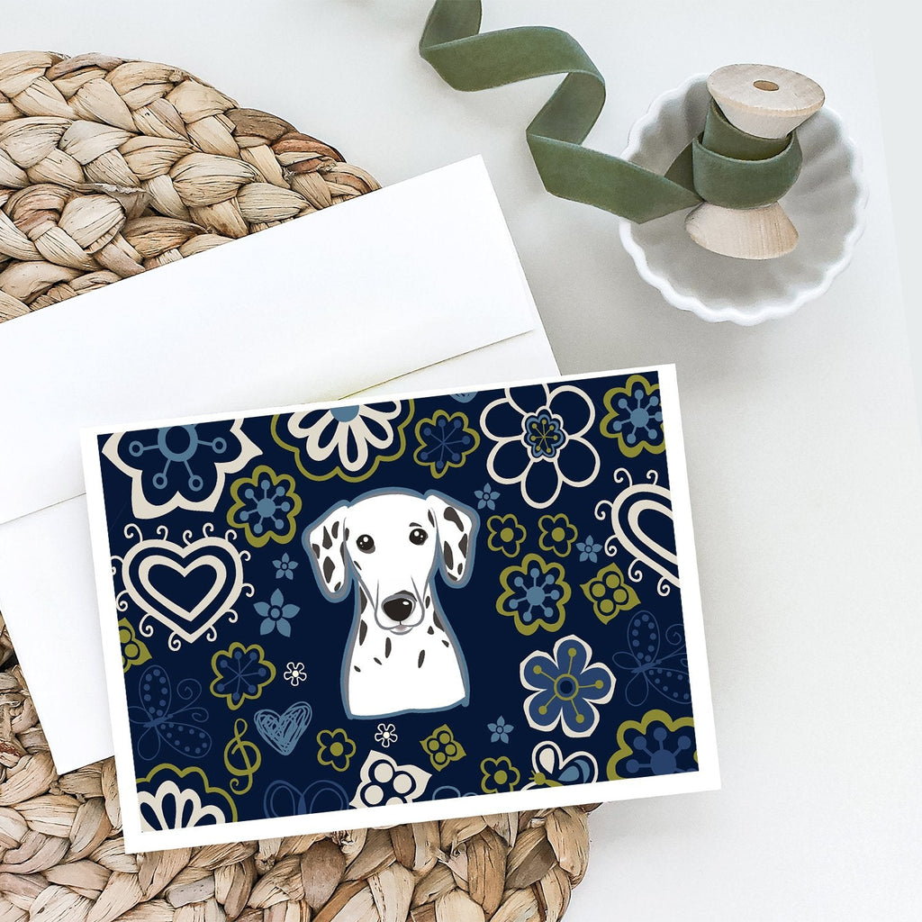Blue Flowers Dalmatian Greeting Cards Pack of 8 Blank Cards with Envelopes Whimsical A7 Size 5x7