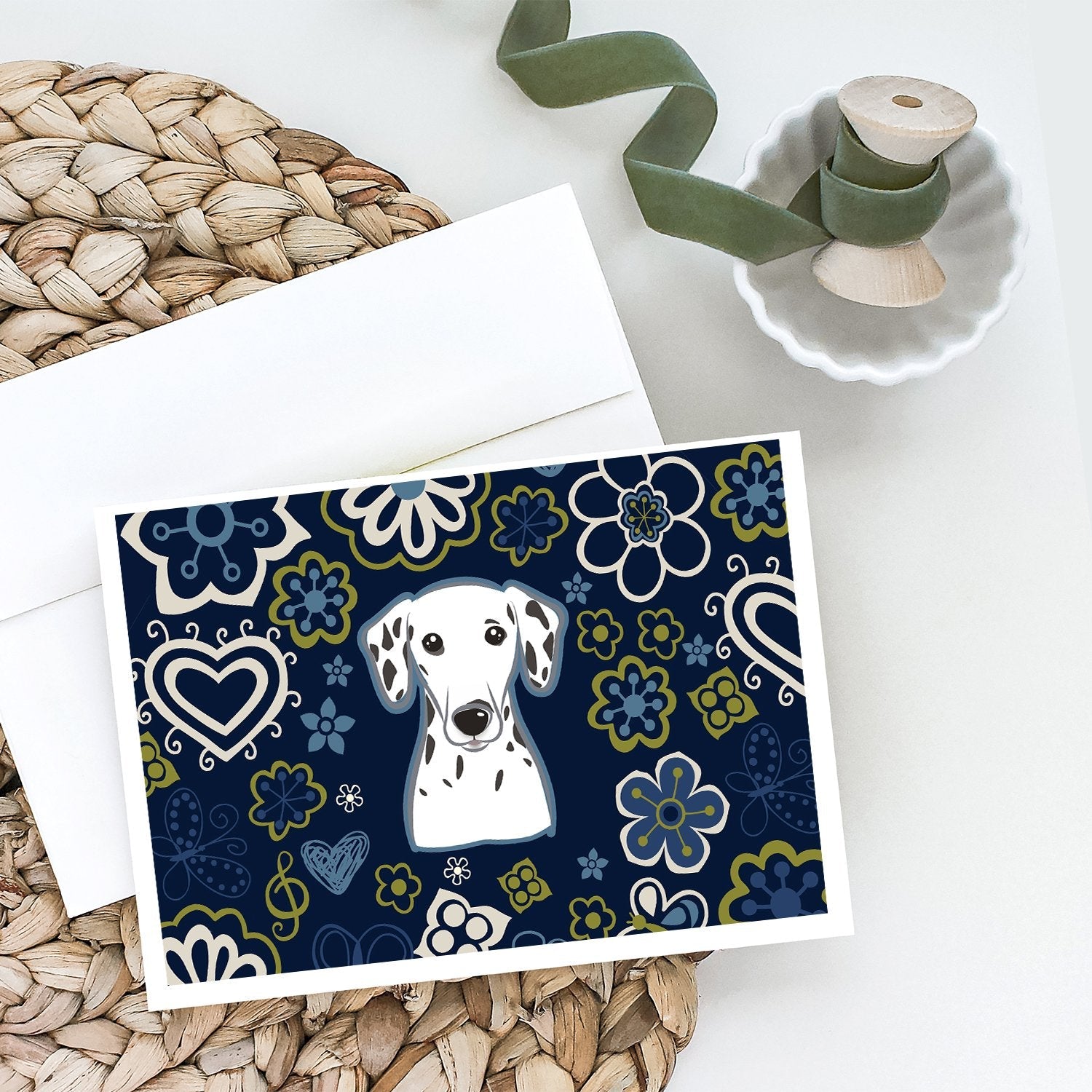Blue Flowers Dalmatian Greeting Cards Pack of 8 Blank Cards with Envelopes Whimsical A7 Size 5x7