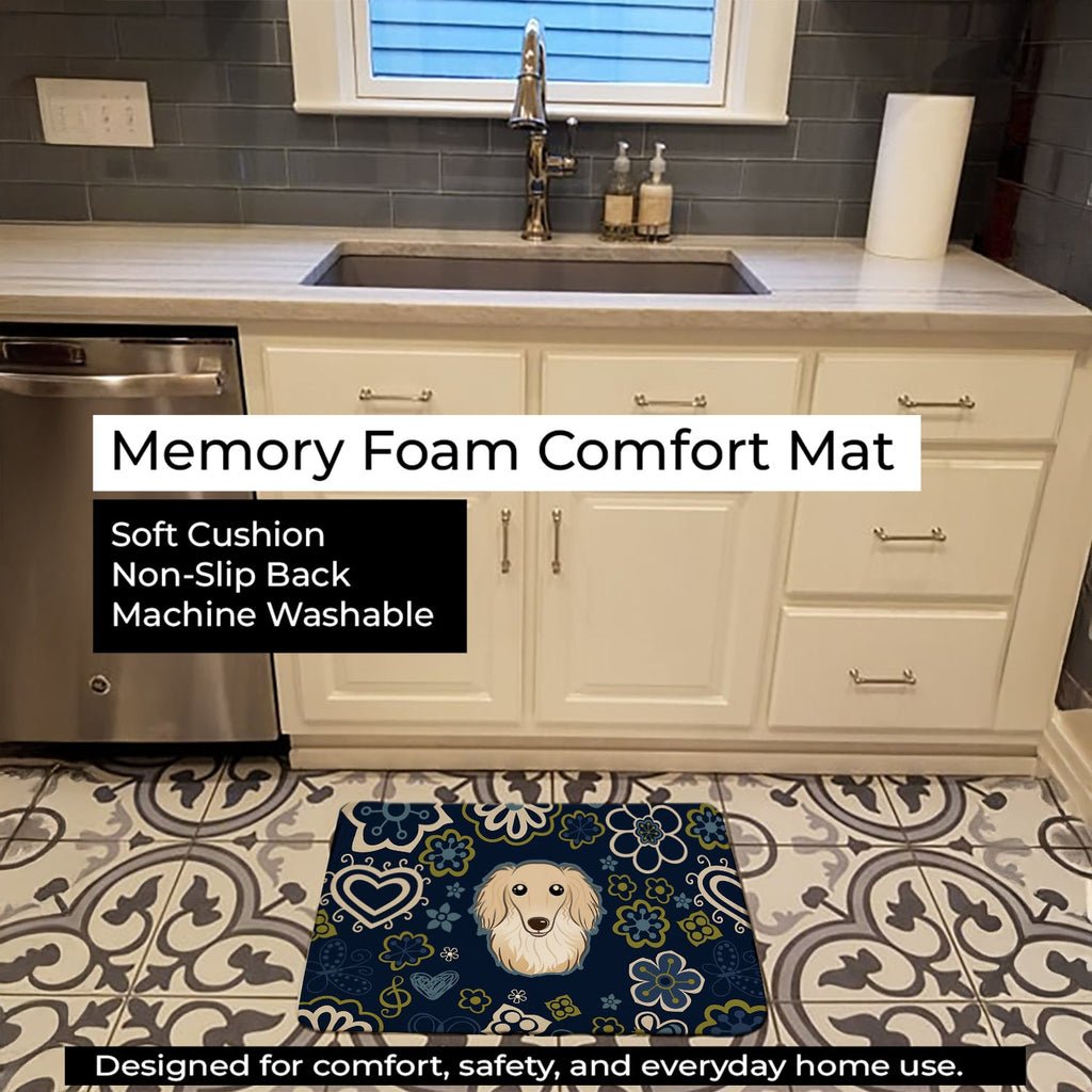 Blue Flowers Longhair Creme Dachshund Memory Foam Kitchen Mat Machine Washable Anti-Fatigue Cushion Comfort Bath or Kitchen Rug