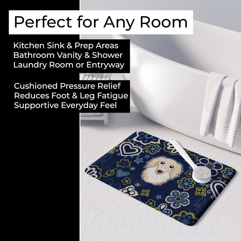 Blue Flowers Longhair Creme Dachshund Memory Foam Kitchen Mat Machine Washable Anti-Fatigue Cushion Comfort Bath or Kitchen Rug