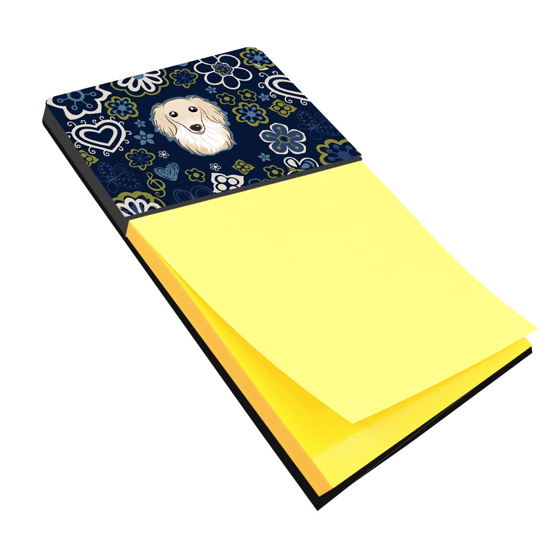 Blue Flowers Longhair Creme Dachshund Watercolor Sticky Note Holder Refillable Dispenser Desk Accessory 3x3 Pad Gift
