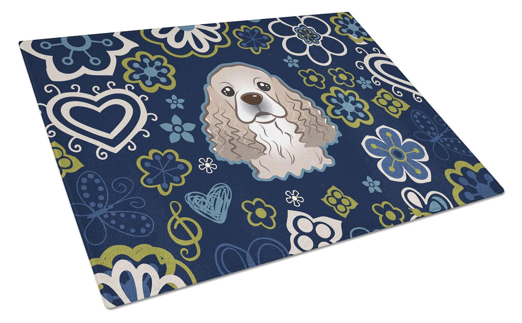 Blue Flowers Cocker Spaniel Cutting Board Tempered Glass Kitchen Cutting Surface, Heat Resistant Chopping, Non-Slip Feet, Food Prep & Serving