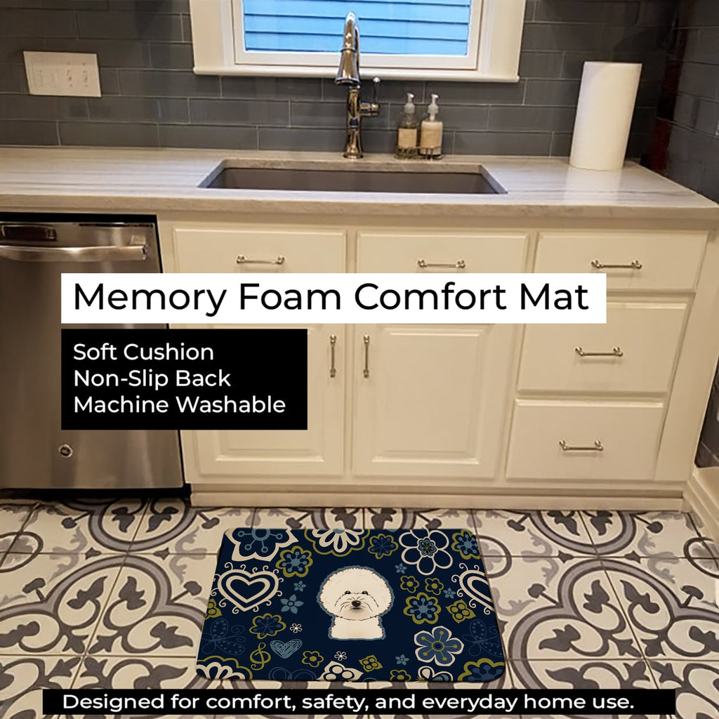 Blue Flowers Bichon Frise Memory Foam Kitchen Mat Machine Washable Anti-Fatigue Cushion Comfort Bath or Kitchen Rug