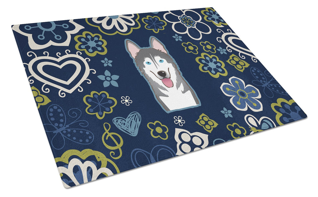 Blue Flowers Alaskan Malamute Cutting Board Tempered Glass Kitchen Cutting Surface, Heat Resistant Chopping, Non-Slip Feet, Food Prep & Serving