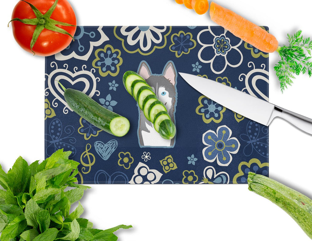 Blue Flowers Alaskan Malamute Cutting Board Tempered Glass Kitchen Cutting Surface, Heat Resistant Chopping, Non-Slip Feet, Food Prep & Serving
