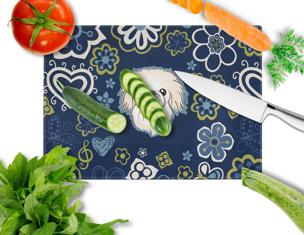 Blue Flowers Pekingese Cutting Board Tempered Glass Kitchen Cutting Surface, Heat Resistant Chopping, Non-Slip Feet, Food Prep & Serving