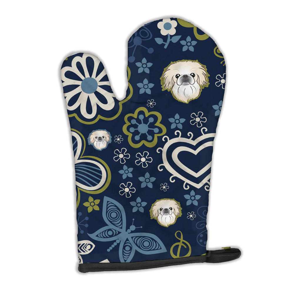Blue Flowers Pekingese Oven Mitt Heat Resistant Thick Oven Mitt for Hot Pans and Oven, Kitchen Mitt Protect Hands, Cooking Baking Glove