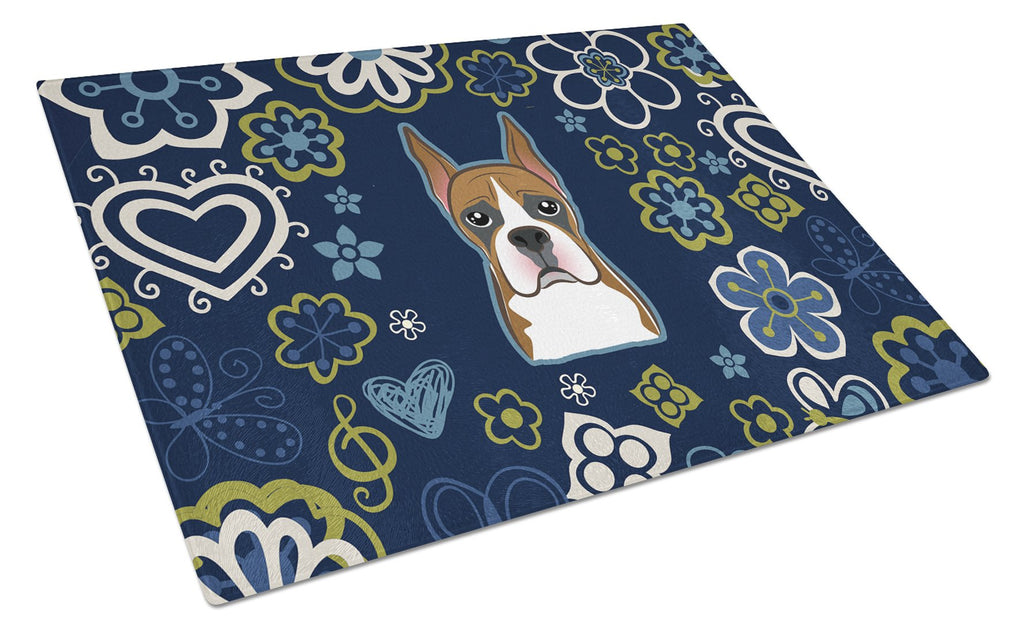 Blue Flowers Boxer Cutting Board Tempered Glass Kitchen Cutting Surface, Heat Resistant Chopping, Non-Slip Feet, Food Prep & Serving