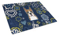 Blue Flowers Boxer Cutting Board Tempered Glass Kitchen Cutting Surface, Heat Resistant Chopping, Non-Slip Feet, Food Prep & Serving