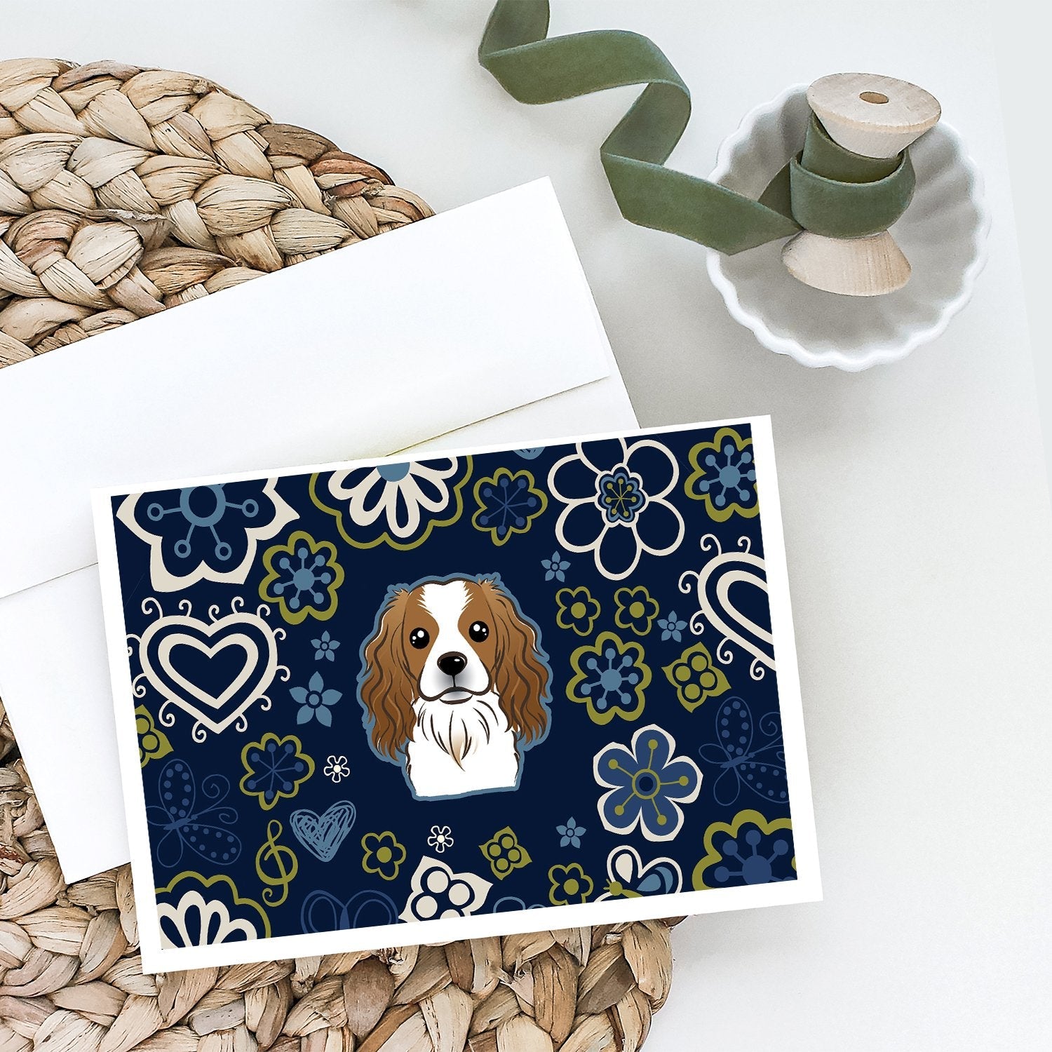 Blue Flowers Cavalier Spaniel Greeting Cards Pack of 8 Blank Cards with Envelopes Whimsical A7 Size 5x7
