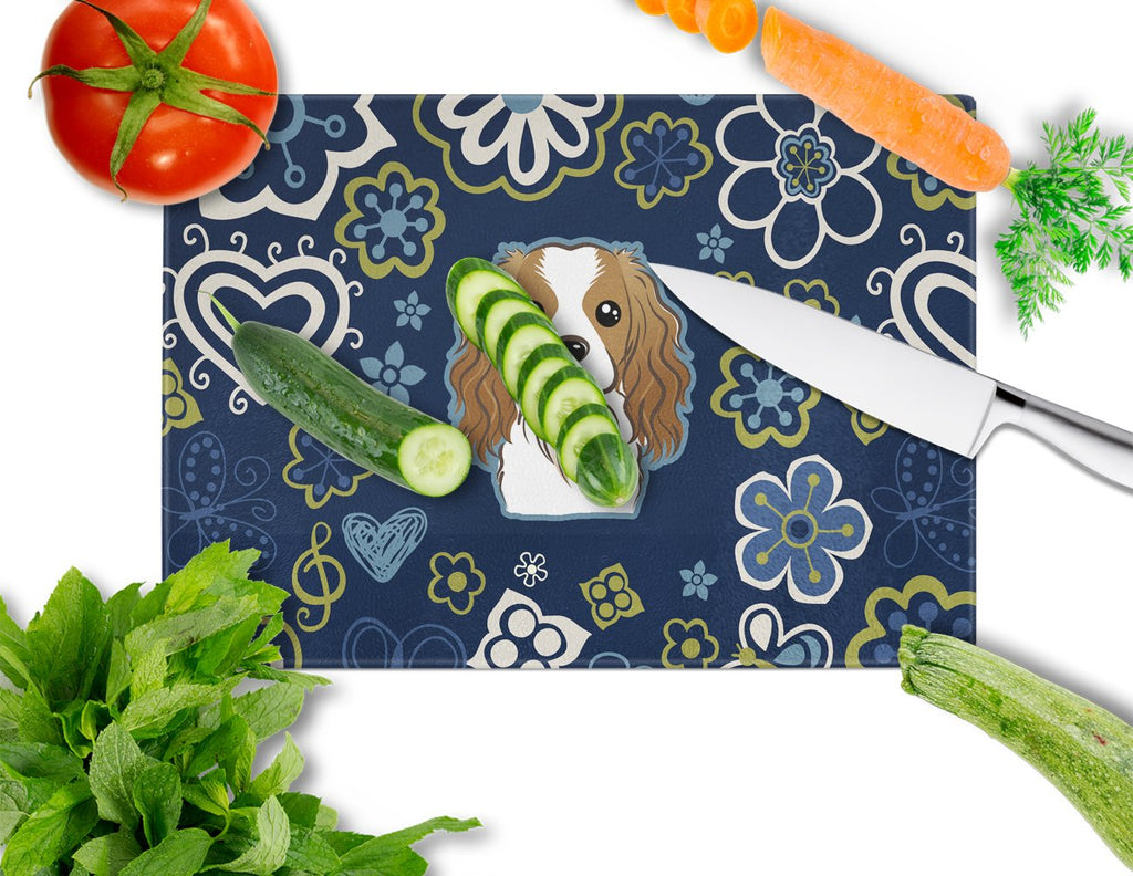 Blue Flowers Cavalier Spaniel Cutting Board Tempered Glass Kitchen Cutting Surface, Heat Resistant Chopping, Non-Slip Feet, Food Prep & Serving