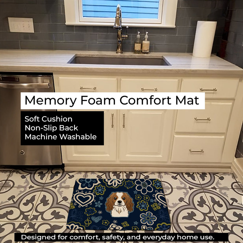 Blue Flowers Cavalier Spaniel Memory Foam Kitchen Mat Machine Washable Anti-Fatigue Cushion Comfort Bath or Kitchen Rug