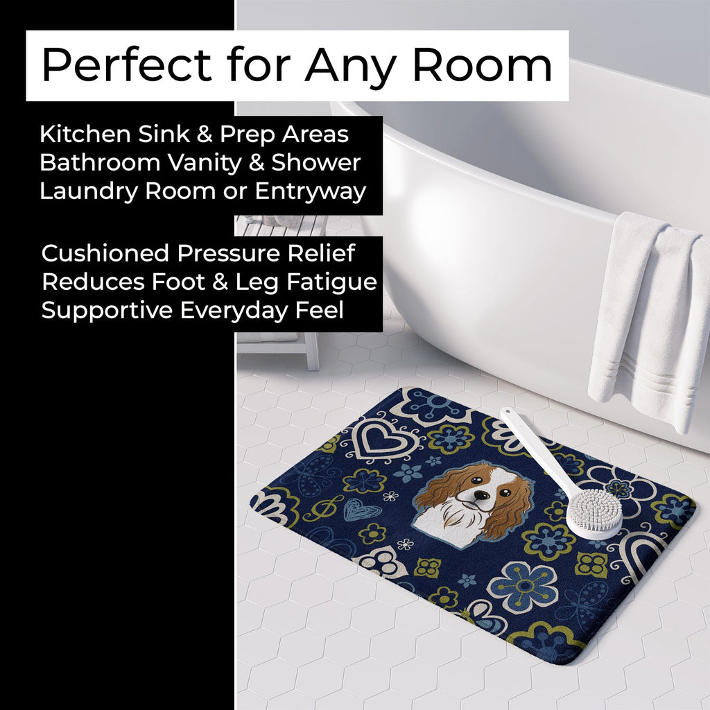 Blue Flowers Cavalier Spaniel Memory Foam Kitchen Mat Machine Washable Anti-Fatigue Cushion Comfort Bath or Kitchen Rug