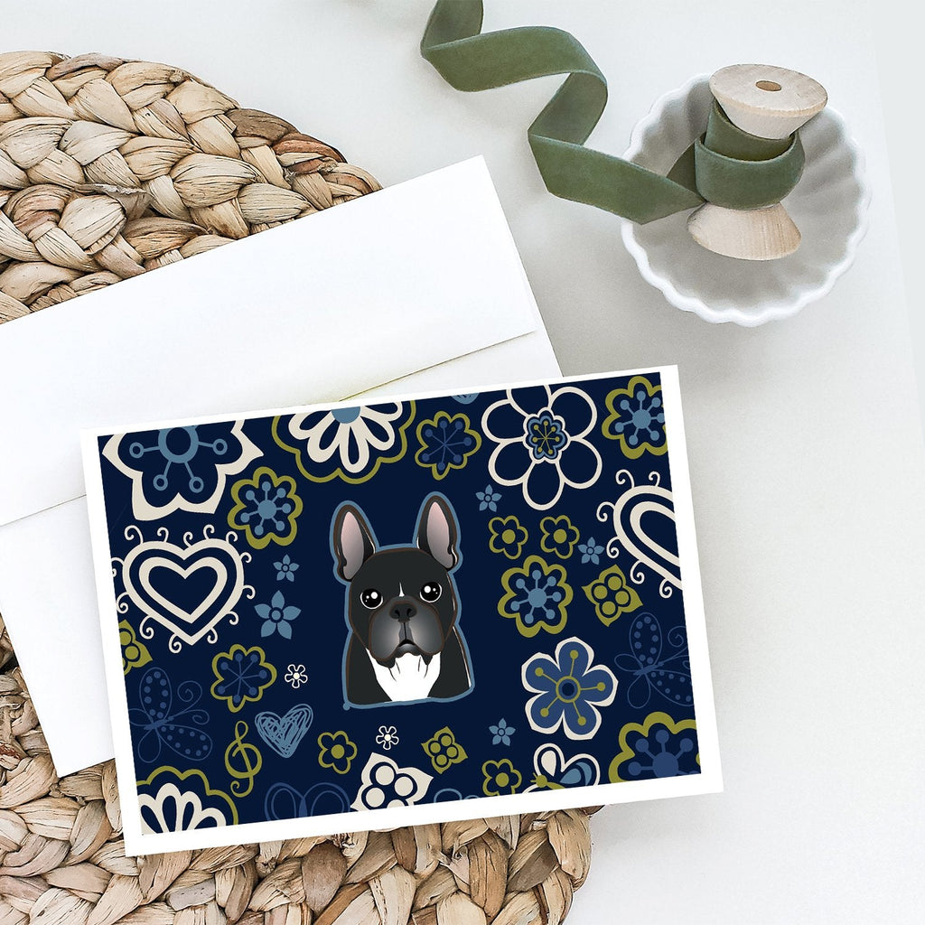 Blue Flowers French Bulldog Greeting Cards Pack of 8 Blank Cards with Envelopes Whimsical A7 Size 5x7