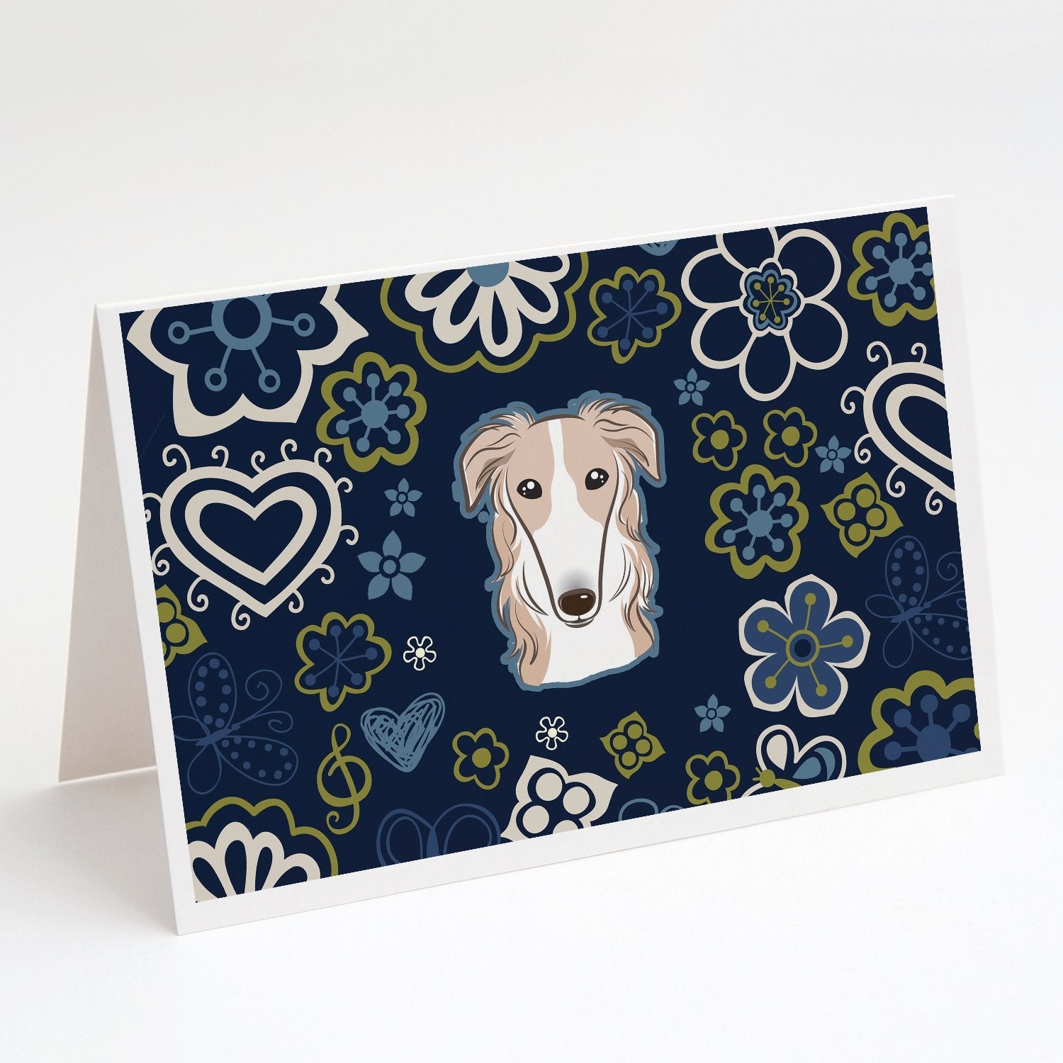 Blue Flowers Borzoi Greeting Cards Pack of 8 Blank Cards with Envelopes Whimsical A7 Size 5x7
